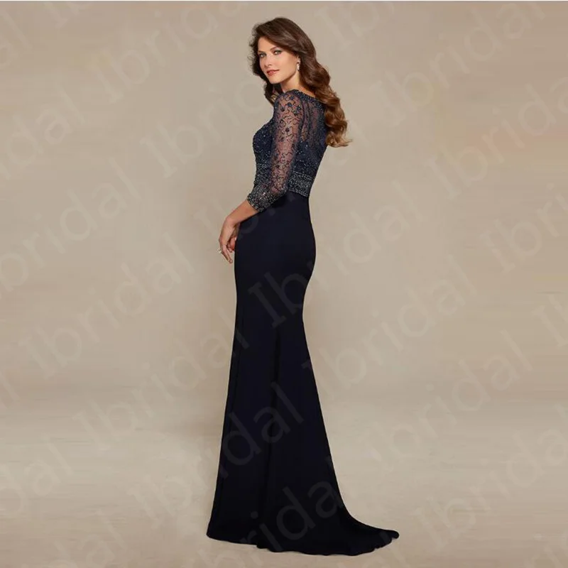 Gorgeous Dark Navy Beading Mother of the Bride Dresses Three Quarter Sleeves Chiffon Wedding Guest Gowns 2024 Evening Party Gown