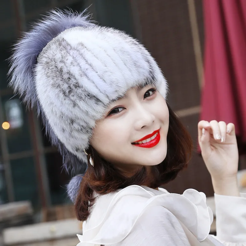 Mink Fur Hat Women Winter Fur Hat With Fox Tail Warm Ear Protection Cap Fluffy Natural Fur Hat Luxury Knitted Real Mink Fur Hat