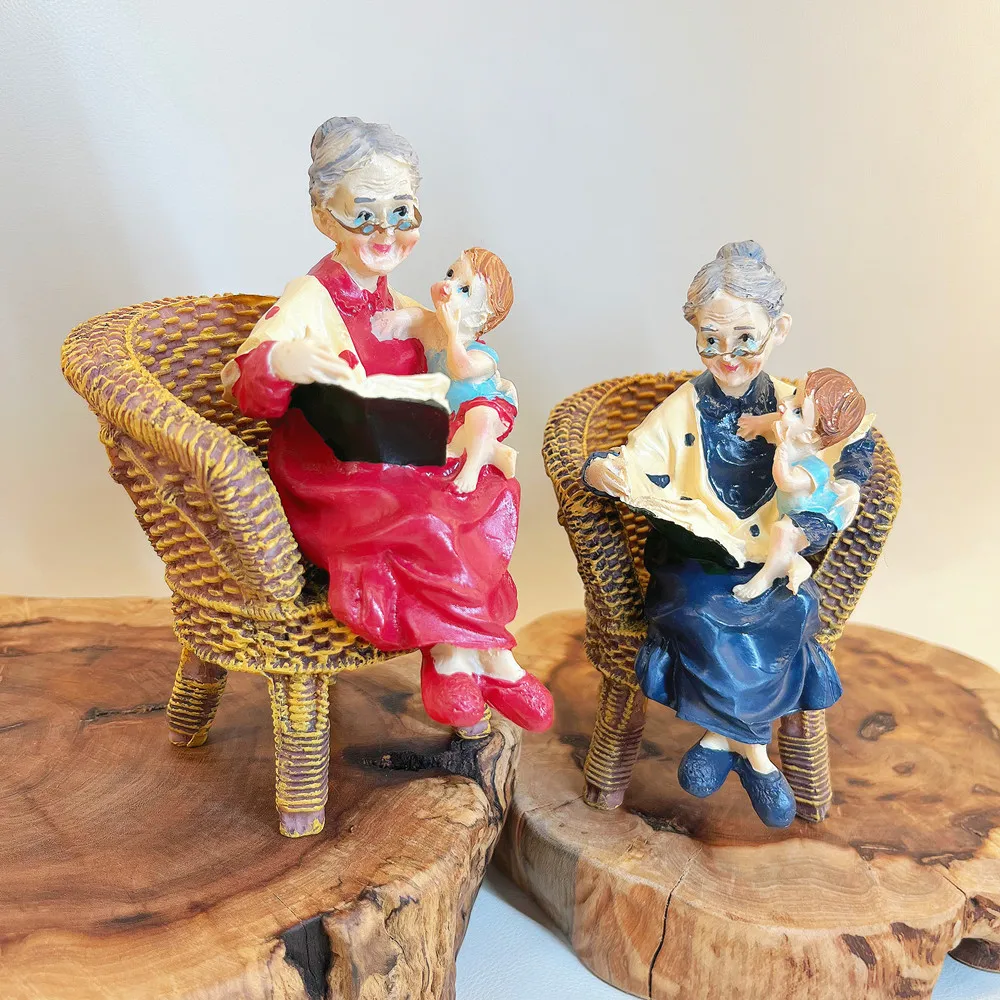 Retro Grandma Reading To Kid Resin Figurine Rattan Chair Old Lady Statue Home Decor Grandparent Birthday Gift Ornament