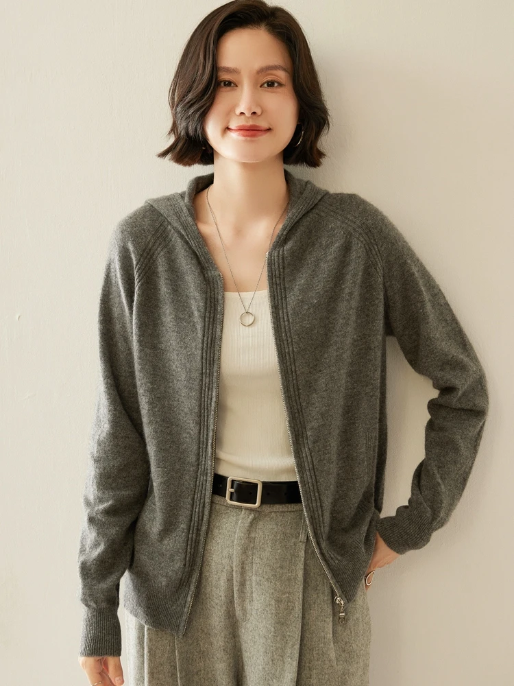 

Women's 100% Cashmere Cardigan Knitwear Sweater Autumn Winter Fashion Solid Color Loose Age Reducing hooded Basic Zipper Jacket