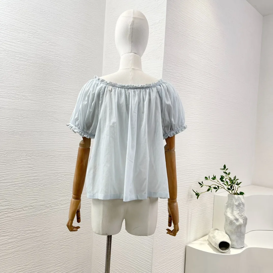 New 2024 Cotton Sky Blue Sweet Short Puff Sleeve Square Collar Lace Patchwork High Quality Spring Summer Blouse Tops for Women