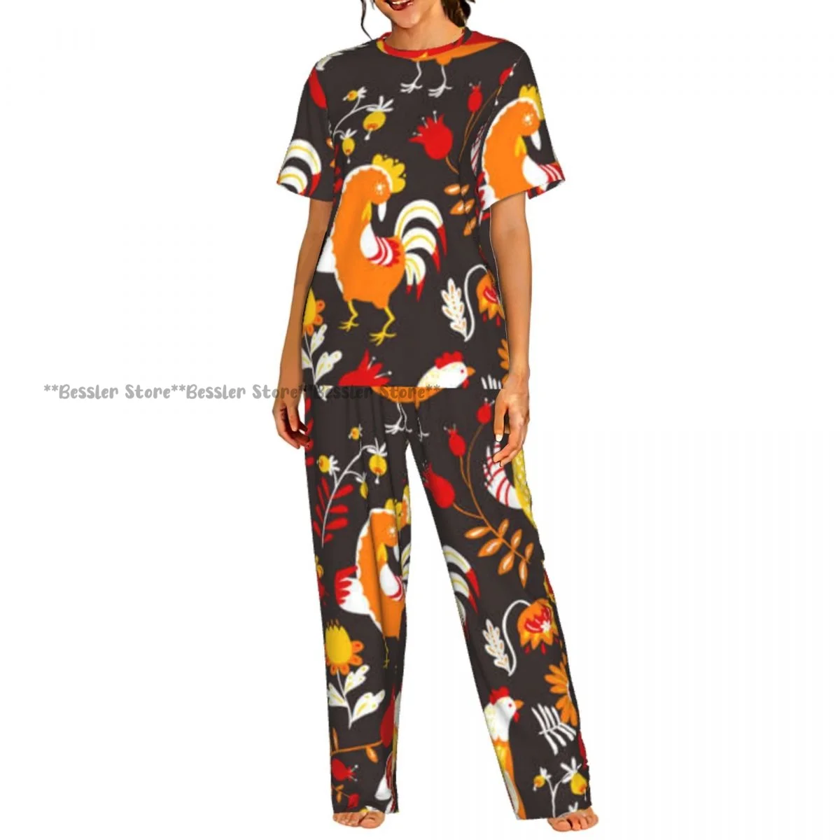 Women's Comfort Pajamas Women's Roosters Cute Ethnic Floral Background Short Sleeve Set Sleepwear