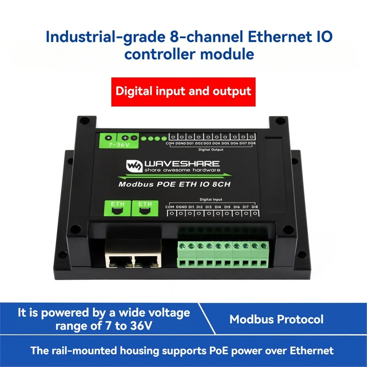 618 Mega Sale Waveshare Industrial 8-Channel Ethernet Relay Module Digital I/O Module Modbus Protocol PoE Power Supply
