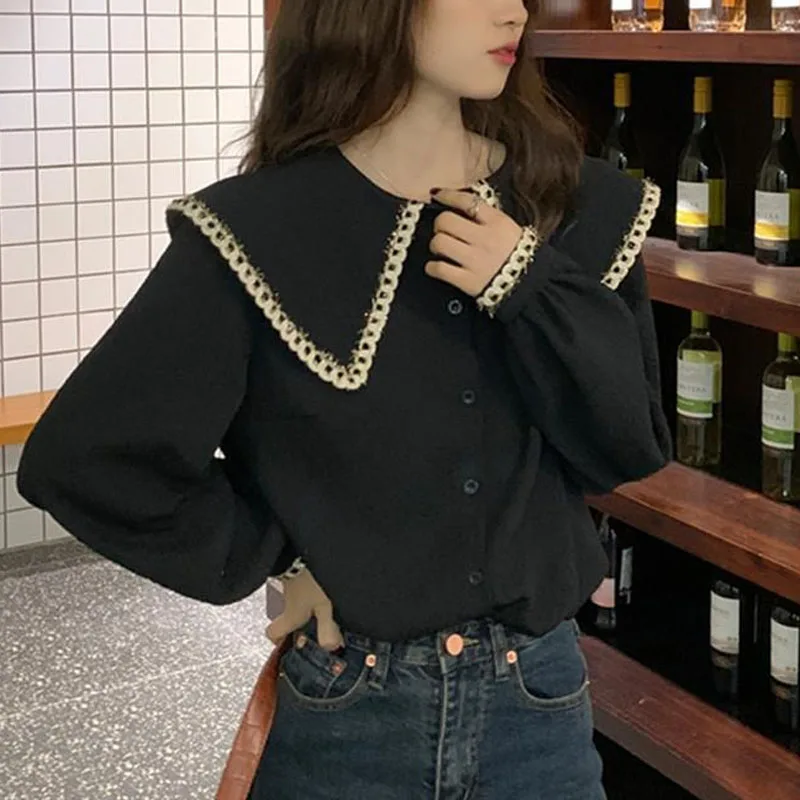 2023 New Spring and Autumn Fashion Simple Retro Doll Collar Lace Shirt Long Sleeve Temperament Commuter Women\'s Unique Loose Top