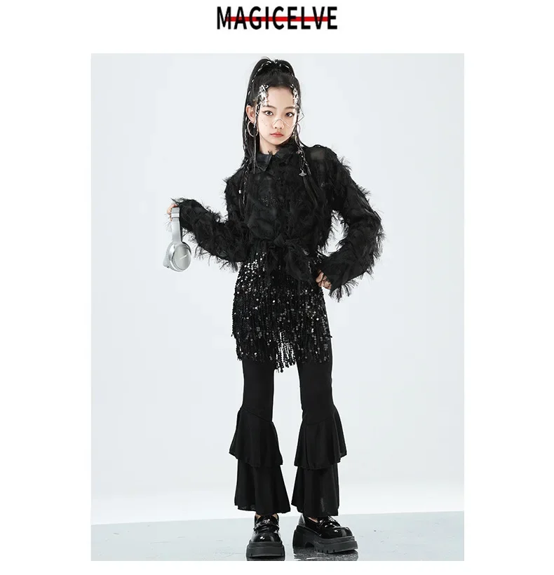 Mädchen Western-Style Performance-Outfit Jazz-Tanzkostüm mit Federn und Strass Glänzende Kinder-Bühnen-Partykleidung – Detail 5