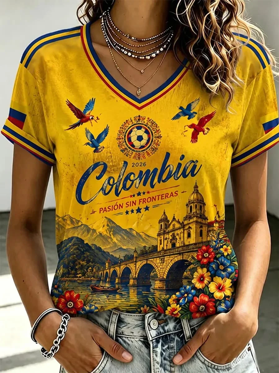Women V Neck T-shirt Colombia 2026 Bird Floral Landscape Football Print Short Sleeve Quick Dry Retro Soccer Fan Sport Tops