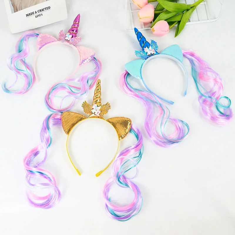 Cute Unicorn Headband Wig Girls Hair Band Children Happy Birthday Party Decoration Unicorn Theme Party Hairbands Accessories