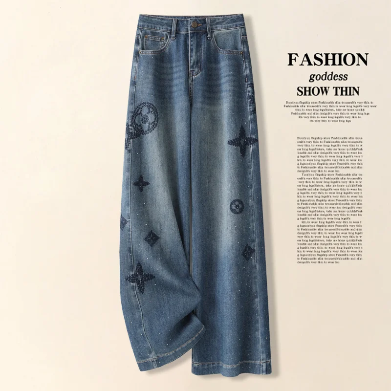 Jeans a gamba larga con strass ricamati Autunno Inverno Nuovi pantaloni dritti effetto consumato lavati a vita alta