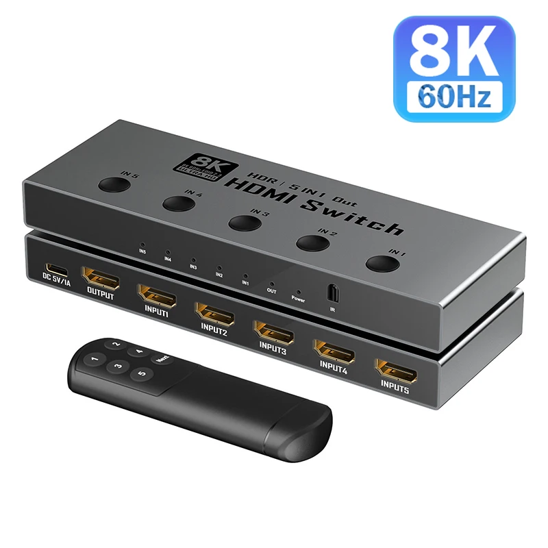 

HDMI-переключатель 8K@60Hz 5 в 1, HDMI 2.1, 5x1, поддержка 4K@240Hz HDR10+ HDCP 2.3 с пультом ДУ, совместим с ТВ, ПК, PS5/PS4, Xbox
