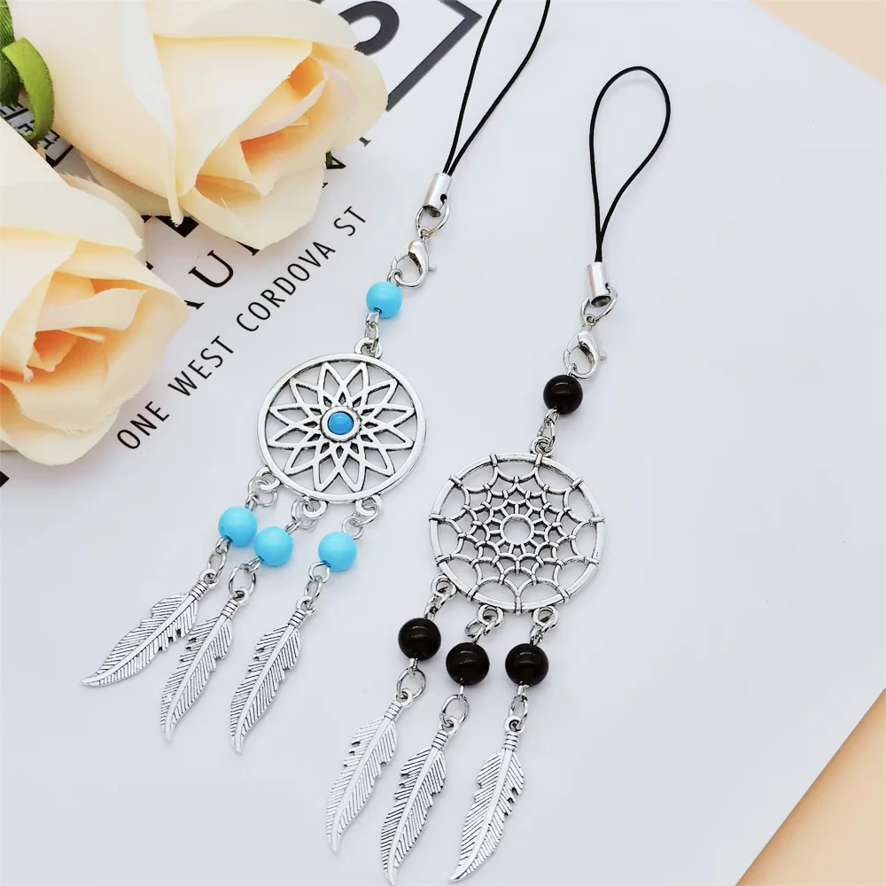 Dream Chaser Phone Chain Tassel Feather Alloy Pendant Beads Blue and Black Charm Car Key Backpack Dream Chaser Gift