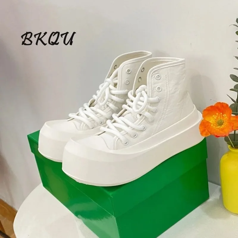 BKQU Canvas High-top Casual Shoes Women 2024 Trend New Big-head Shoes Lace-up Sports Matching Color Design Sense of High Quality