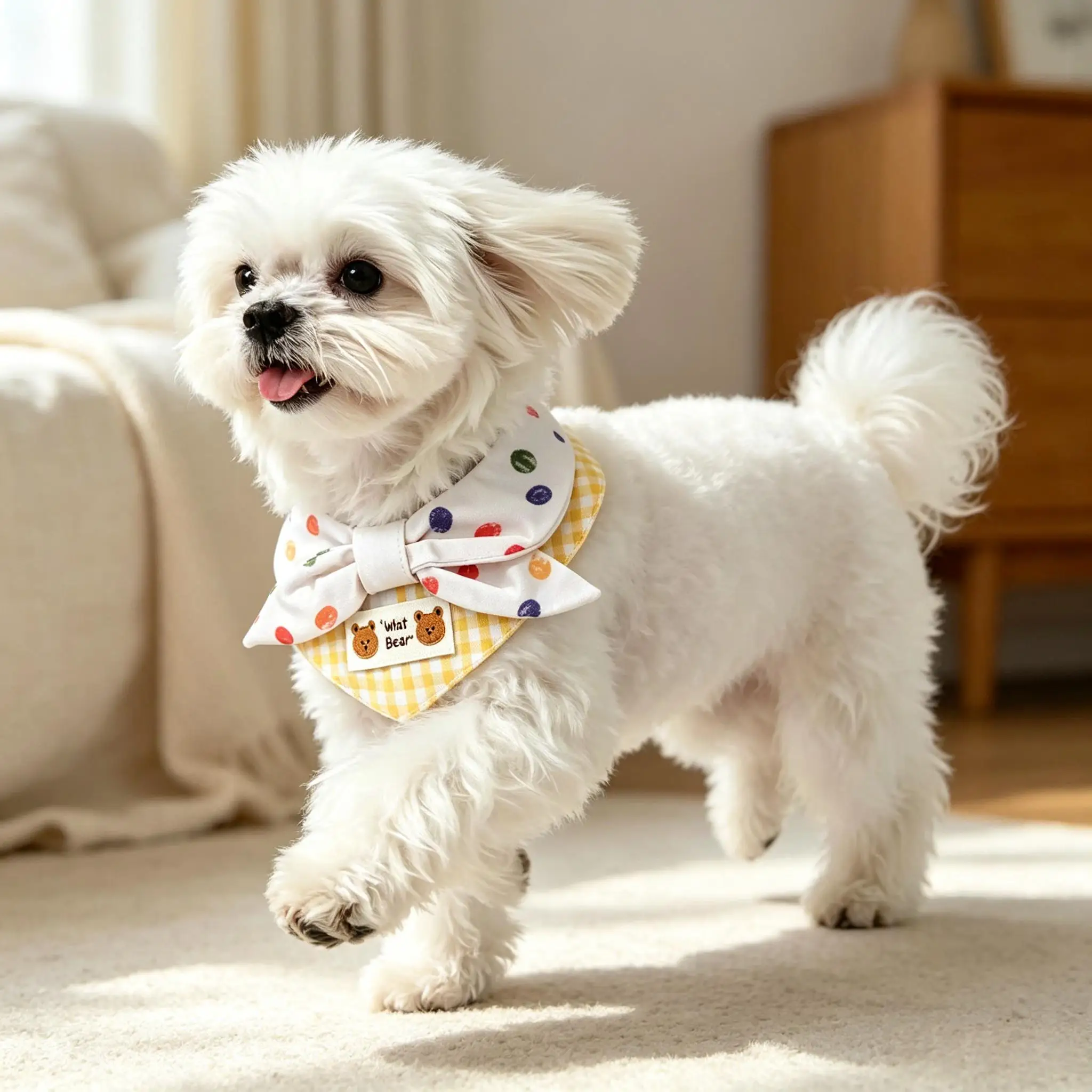 Yellow Gingham Pet Bandana Color Polka Dot Bow Bear Print Label Snap Buttons Daily Wear Photo Costume Gift