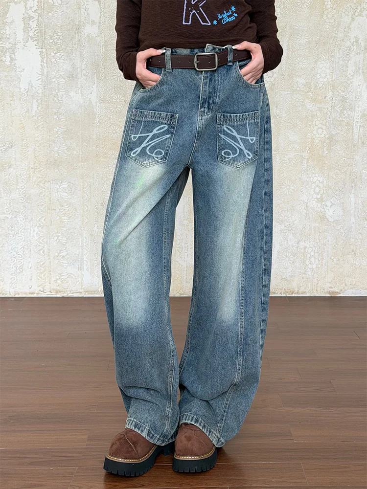 High Waist Wide Leg Denim Jeans Women's Loose Fit Slimming Washed Multi-Pocket Design Casual High Street Style plus Size