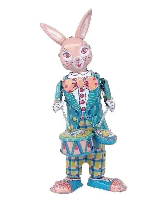Classic Retro Clockwork Happy Bunny Wind-Up Toy Metal Walking Tin Drum-Playing Rabbit Robot Mechanical children birthday gift