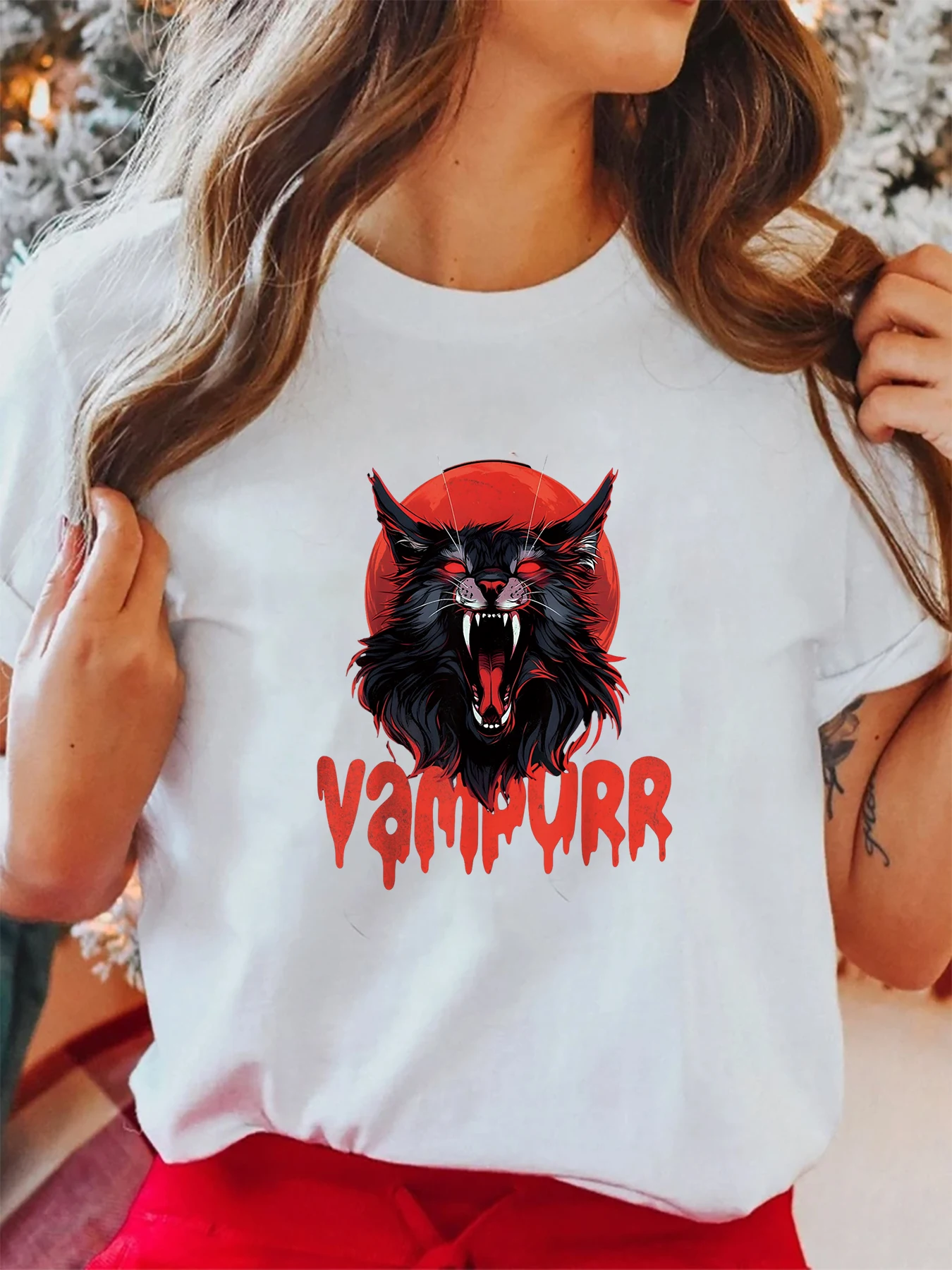 Vampurr Coon Spooky Vampire Halloween Maine Coon Cat Women\'s Casual Summer T-Shirt O-Neck Tops Femminile Tee Graphic Tshirt