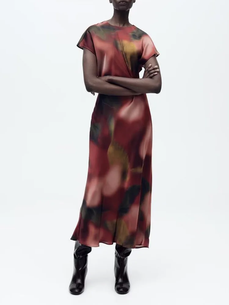 Frühling Neue Ankunft frauen Midi Dr Abnehmen Taille Seide Satin Druck ZA2025 Ele Faionable Ein Stück Langen Rock
