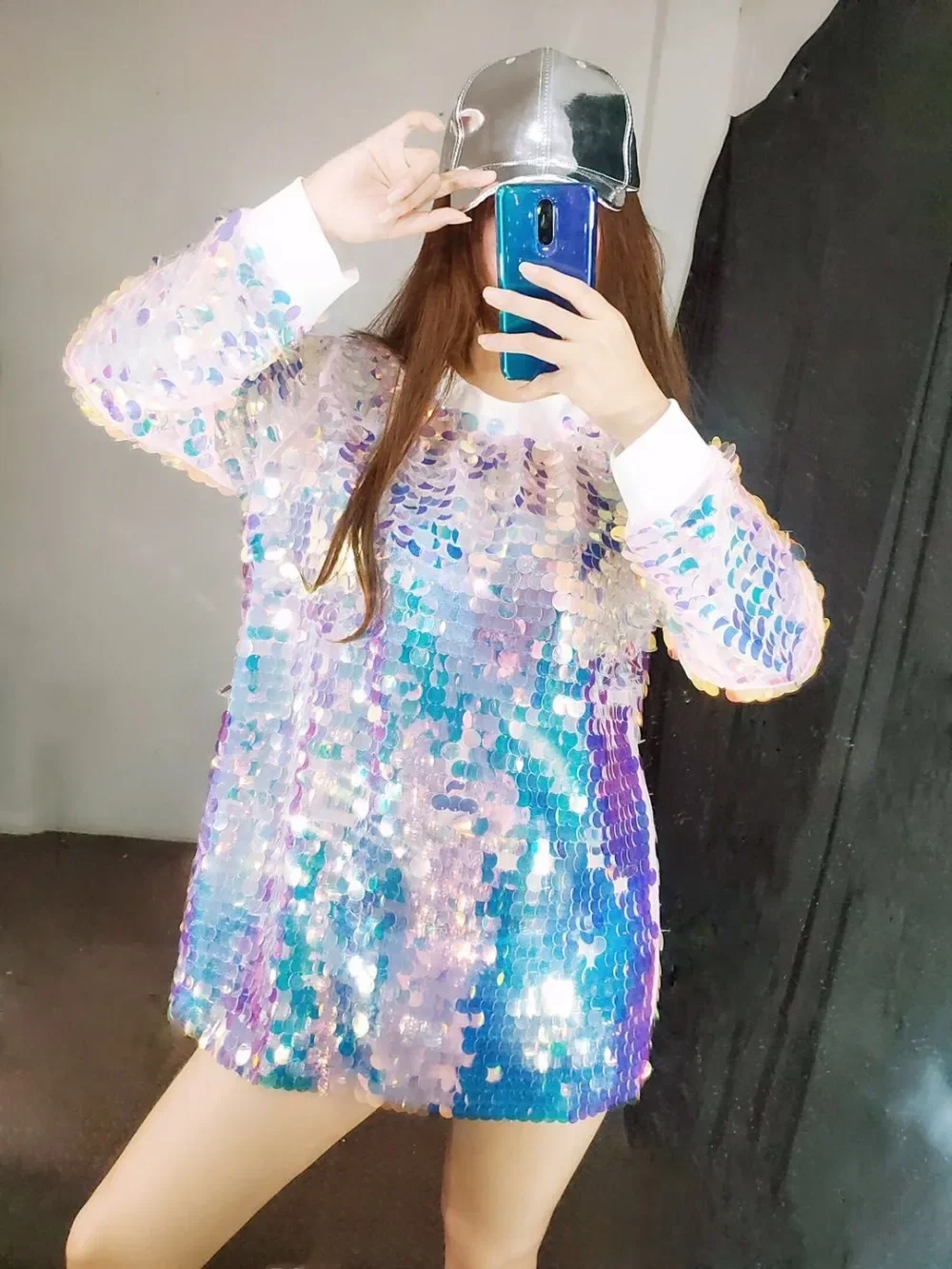 화려한 큰 스팽글 긴팔 티셔츠 여성 루즈핏 롱탑 여성 댄서 재즈 힙합 댄스 의상 바 쇼 무대 의상