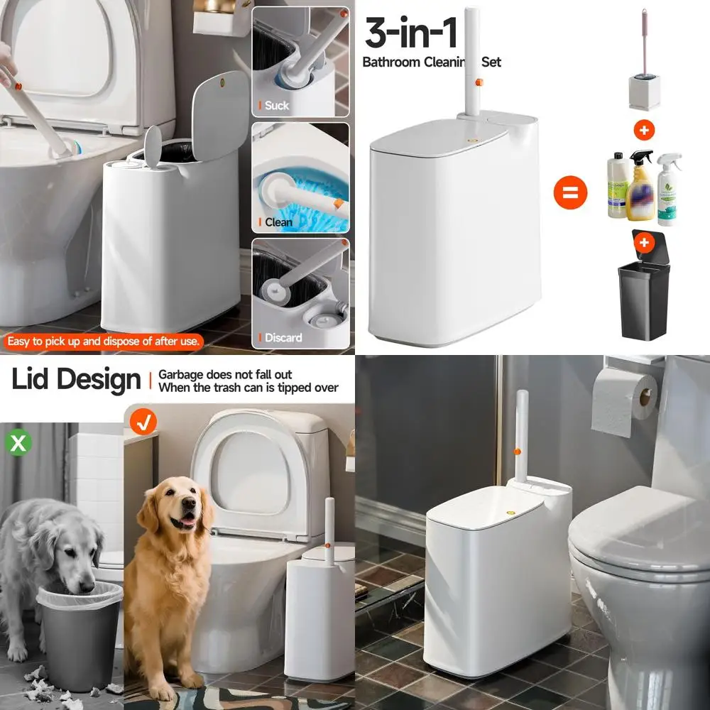 

Compact White Bathroom Trash Can with Toilet Wand, Brush Holder, 36 Refills, 2-Gallon Lid & Ideal for Small Spaces