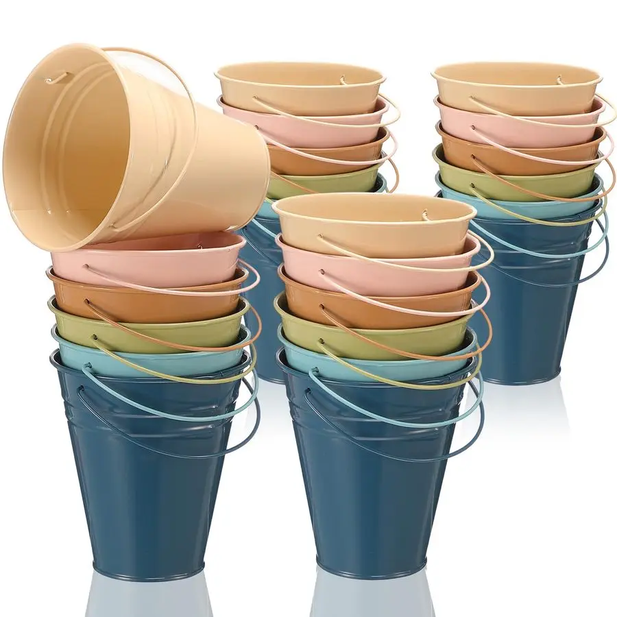 24 عبوة من الدلاء المعدنية الصغيرة الملونة بمقبض، دلو صغير مجلفن مقاس 4.5 × 5.1 بوصة لحرف العودة إلى الفصول الدراسية المدرسية