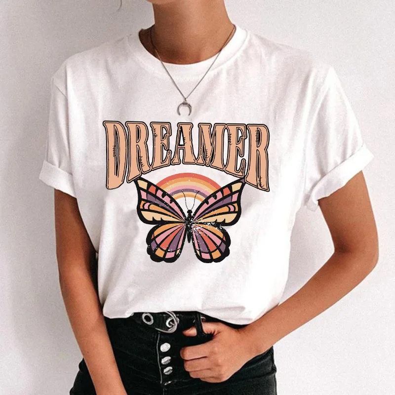 

Dreamer Butterfly Print T Shirt Summer Women Cotton Vintage Aesthetic T-Shirt 70s Retro Boho Style Cute Graphic Tees Hippie Tops