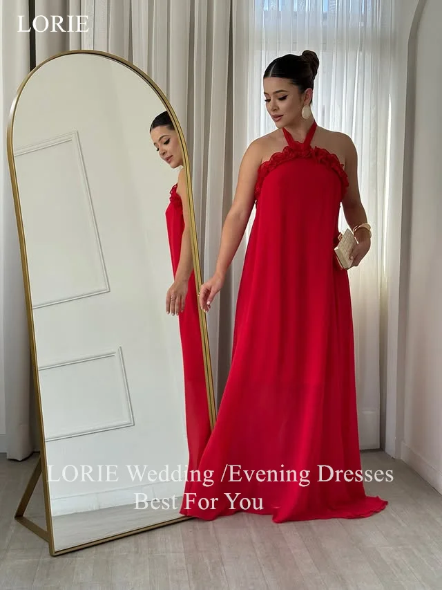 LORIE Schicke rote Chiffon-Abendkleider, gerüschte Neckholder-Bänder, rückenfreies Partykleid, A-Linie, bodenlange Ballkleider, individuell gestaltet