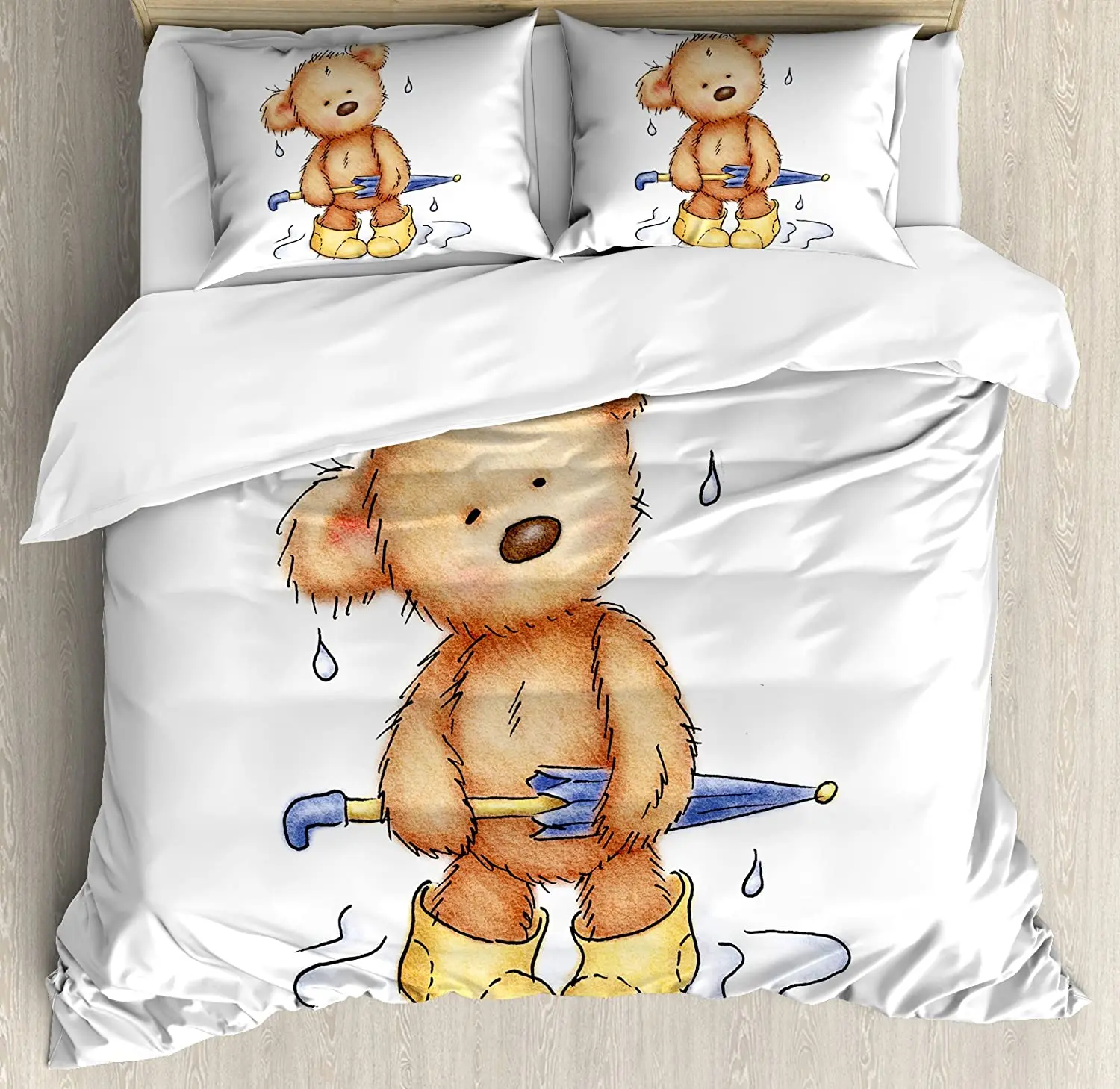 

Bear Bedding Set For Bedroom Bed Home Teddy Bear Caught up in Rain with Rubber Boots Holdi Duvet Cover Quilt Cover Pillowcase