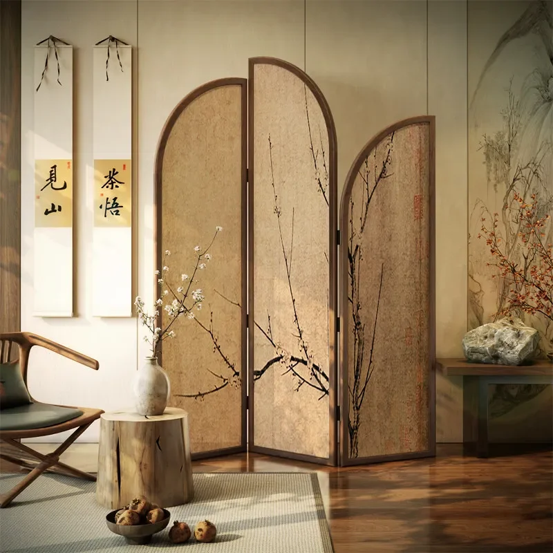 for New Chinese Style Folding Screen Living Room Background Decoration Partition Suzhou Embroidery Solid Wood Zen Bamboo