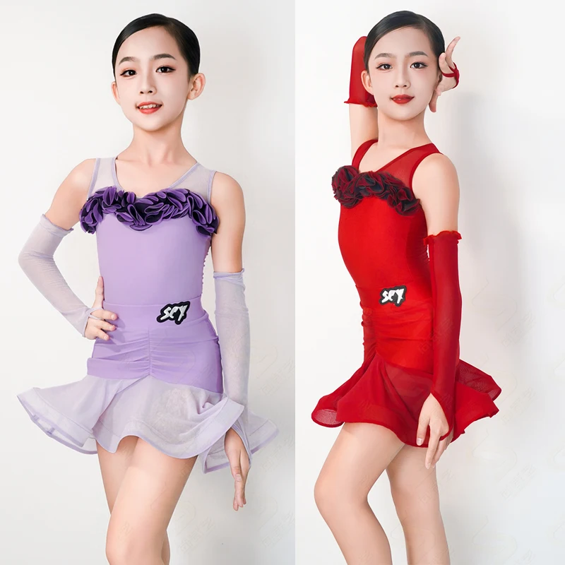 Sukienka na zawody tańca latynoamerykańskiego dla dziewcząt bez rękawów, profesjonalne ubranie taneczne dla dzieci, fioletowo-czerwona sukienka do tańca latynoamerykańskiego XS10238