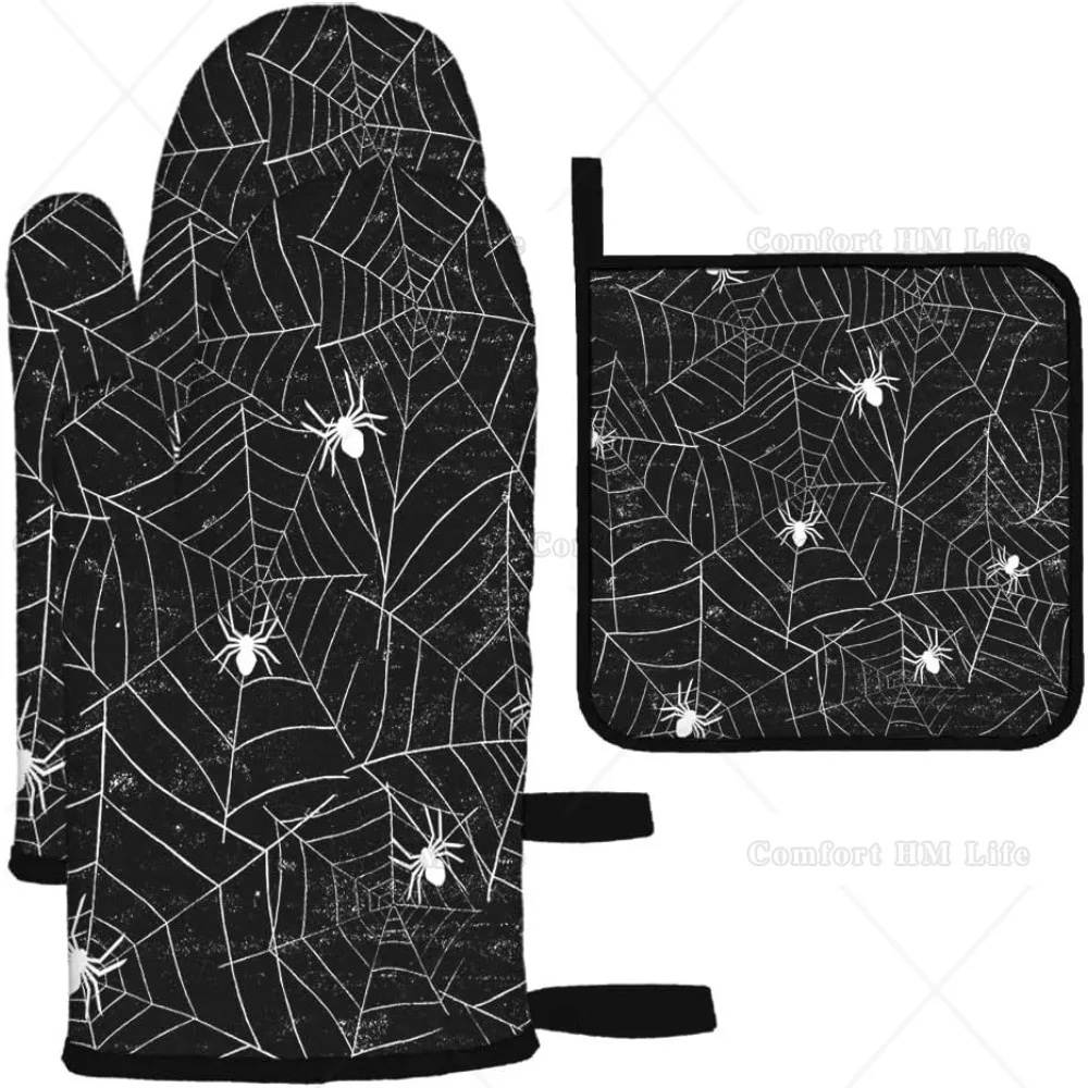 Spiderwebs Oven Mitts and Pot Holders Sets of 3 Halloween Black and White Grunge Gloves for Kitchen Cooking Baking Grilling