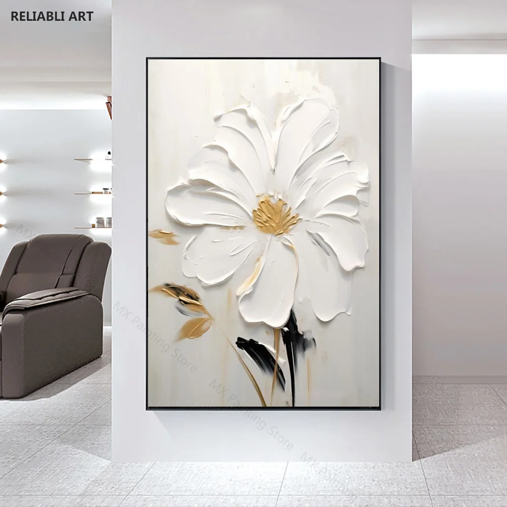 Abstract White Flower Oil Painting On Canvas,Textured Flowers Painting,Living Room Wall Decor Art Print Pictures Wall Art Poster