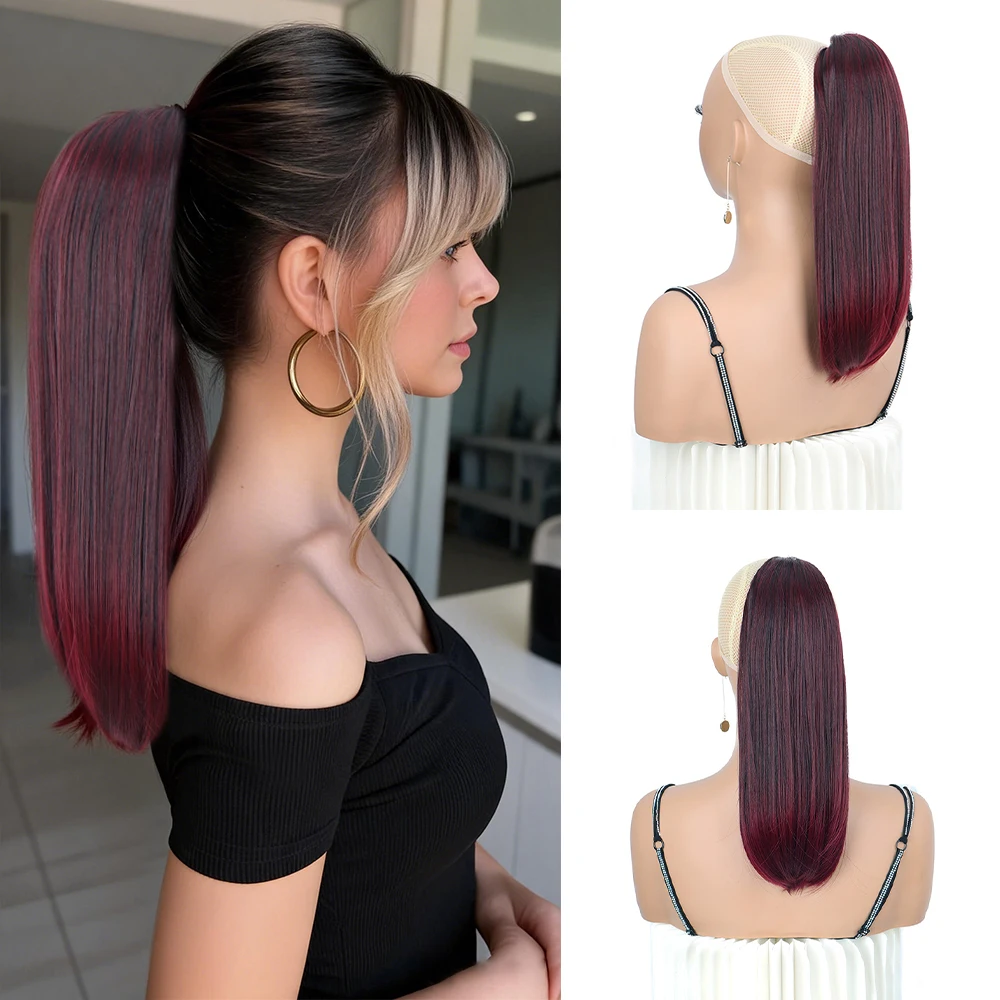 Synthetic Drawstring Ponytail 14Inch Internal Buckle Straight High Temp Fiber Hair Extension Hairpiece for Daily Party Hairstyle