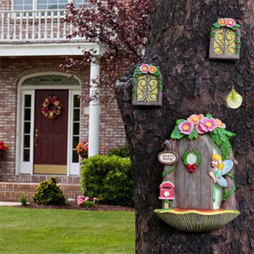 Fairy Mushroom Fairy Door and Windows for Trees Glow in The Dark Yard Garden Sculpture Lawn Ornament Outdoor Decor Accessories