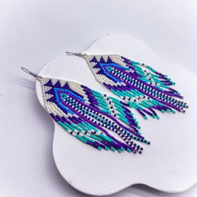 Beaded earrings Tassel Originality Geometry Design Hand knitting Bohemia Alloy  Female Tide Simple Rice bead earrings