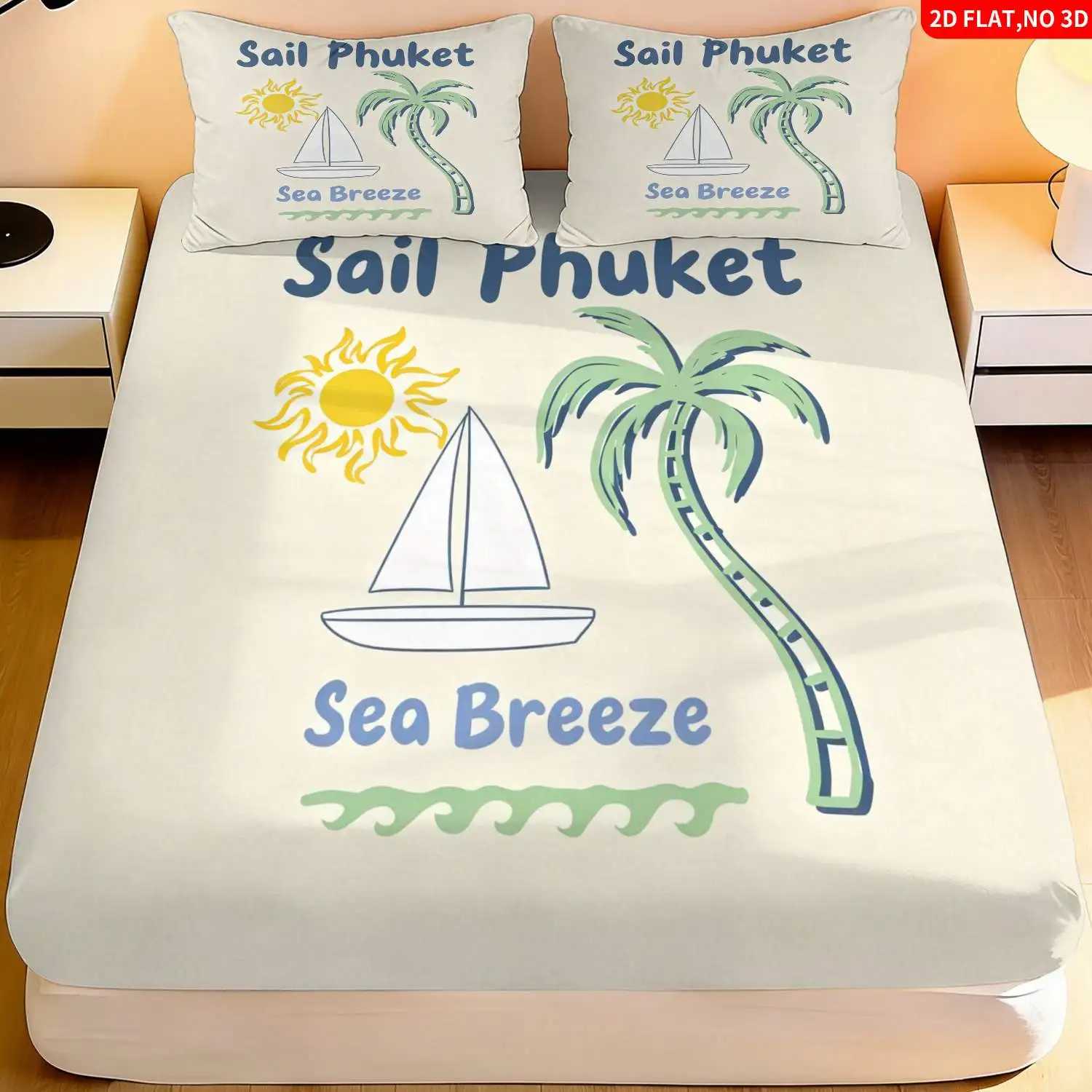 3-Piece Mattress Protector Set, Flat Printed Fitted Sheet, Tropical Nautical Style, Phuket Sailing Theme Bedding, Machine Washable Bed Cover, 2D Flat Printed Mattress Protector, Stain-Resistant, Cozy, Mattress Cover Suitable for All Seasons, Easy to Care For, Suitable for Home Bedrooms, Essential for Dorms and Rentals, Master Bedroom Decoration, Dust-Proof and Stain-Resistant, High Elasticity, Fits Various Sizes