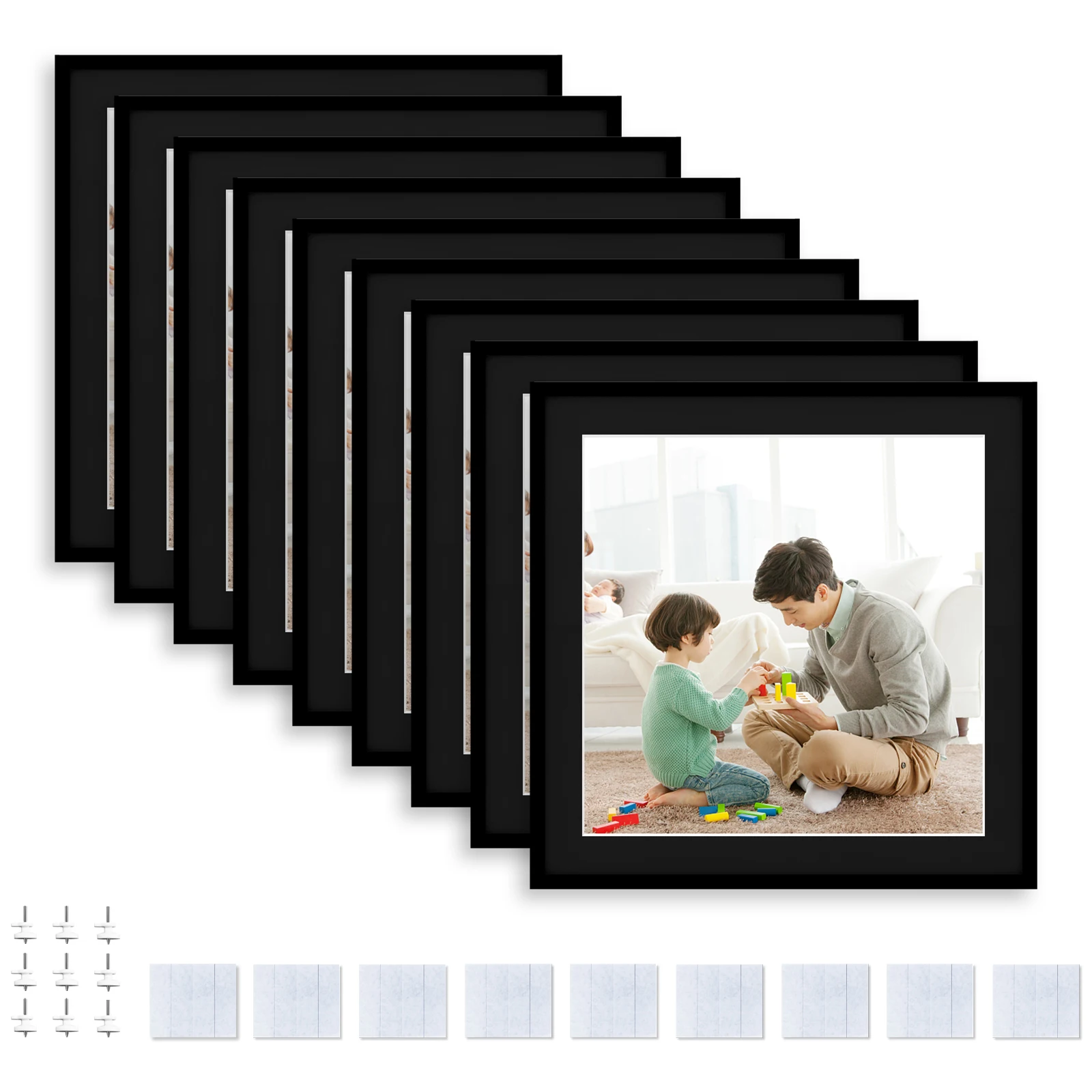 Picture Frame Set of 9, Display Pictures, 5x5 with Mat or 8 W/O Mat, Photo Tiles, Wall Gallery with Restickable Tapes, 8x8