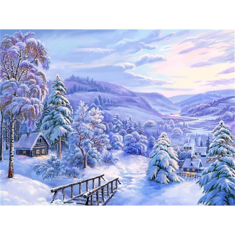 Landscape House Winter Snow Scenery Printed Canvas 11CT Cross Stitch DIY Embroidery Set DMC Threads Craft       Different