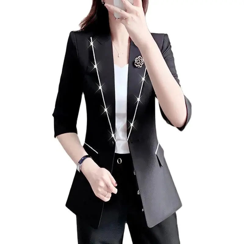 Women Spring Summer Blazer 2022 New Black Fashion Leisure Jacket Profession Edging With Diamond Three Quarter Sleeves Top