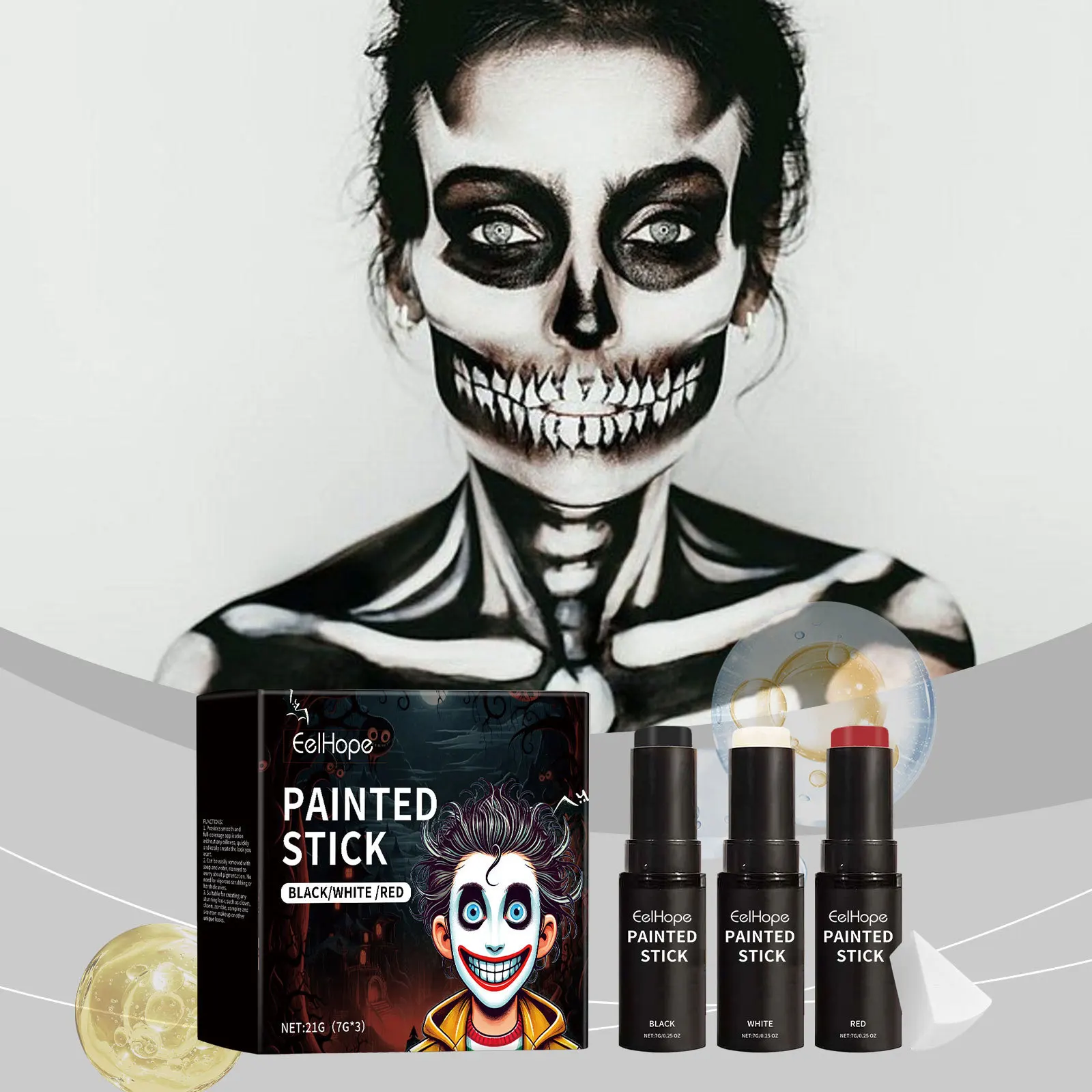 

Halloween Body Paint Stick Set Full-Coverage White Black Red Clown Face Foundation Makeup Kit Christmas Cosplay Party Supplies