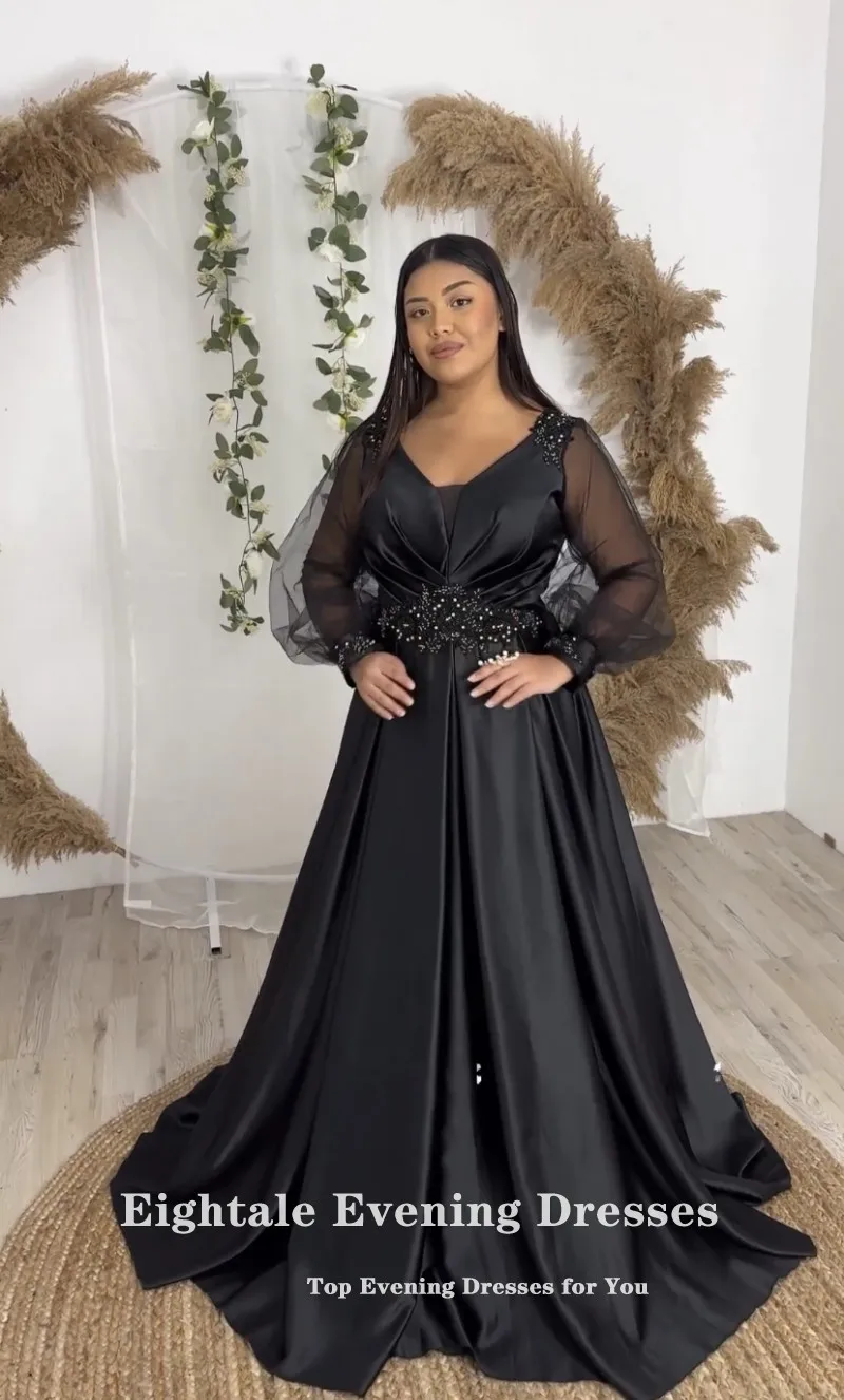 Eightale Plus Size Evening Dresses Black V-Neck Appliques Formal Satin Beaded Pleats Celebrity Prom Party Gowns for Wedding