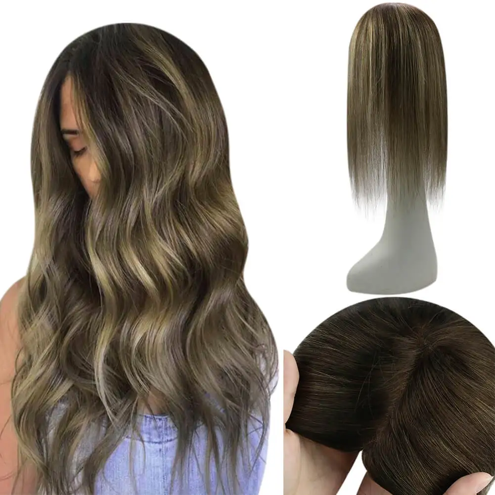 LaaVoo ekstensi rambut manusia Remy Topper Remy untuk wanita 13X13cm rambut palsu klip dalam Mono dan PU dasar brasil ujung rambut buatan tangan