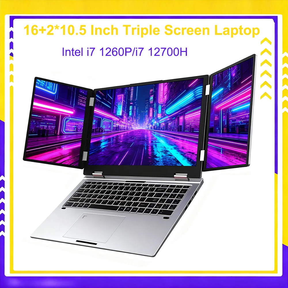 16+2*10.5 inch Triple Screen Gaming Laptop Intel Core i7 1260P 64GB RAM 2TB Notebook Fingerprint/Face Recognition Unlocking PC