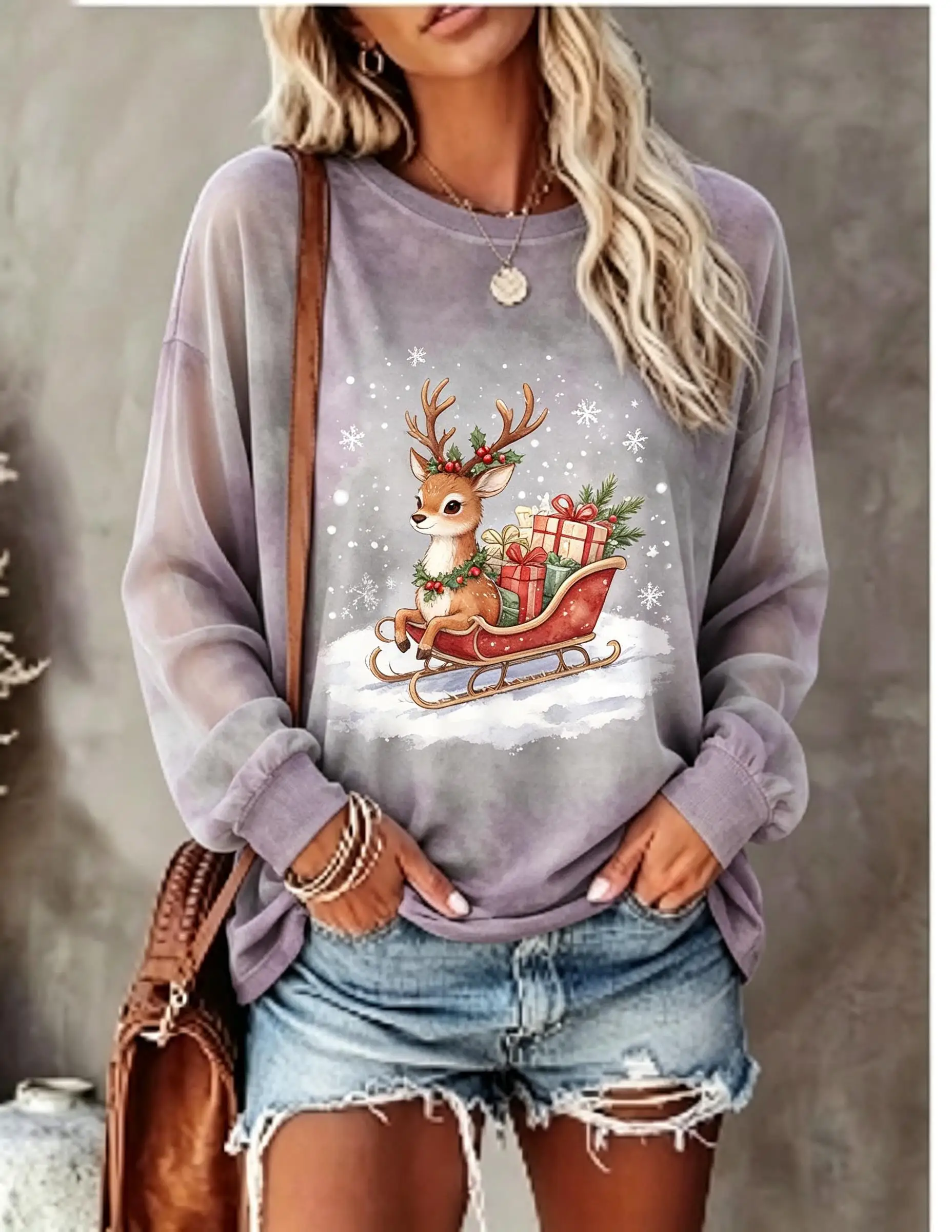 Women Long Sleeve T Shirt Santa Claus Sleigh Reindeer Snow Christmas Print Crew Neck Casual Fall Tops image 5