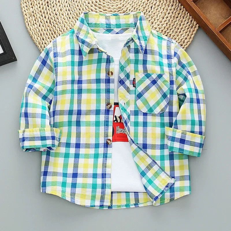 2023 Spring Baby Boys Shirts Kids Cotton Clothes Children Long Sleeve Plaid Shirt Autumn Toddler Girls Casual Shirts Tops 2-11Y