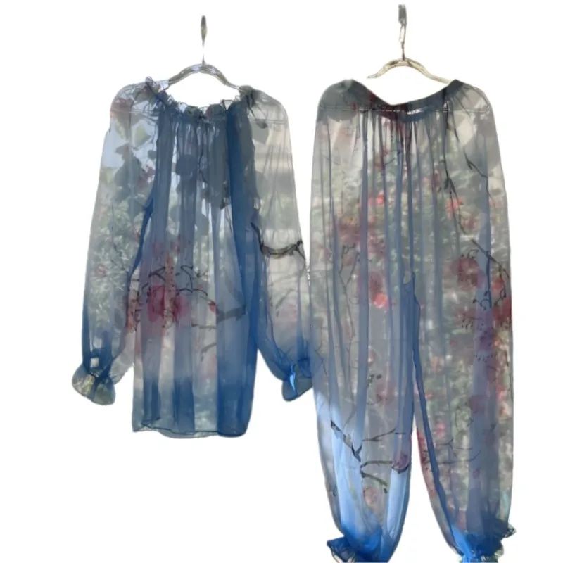 Unisex 2-Piece Pajama Set Tulle Printed Sheer Loungewear Top Pants Set Ruffled Edge Sexy Lantern Long Sleeved Pajamas Set
