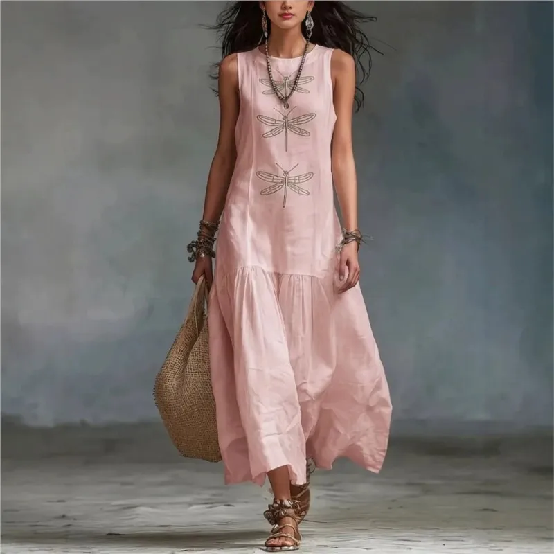 Women's Sleeveless Long Skirt With Dragonfly Embroidery Layered Pleated Hem, Bohemian Summer Beach Vacation Dress
