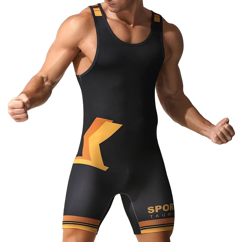 TAUWELL Men Athletic Singlet Sublimation Printed One Piece Bodysuit Wrestling Weightlifting Suit Tight Cycling Compression Sport