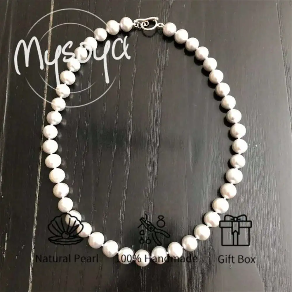 

MYSOYA Gray Freshwater Pearl Necklace 7-8mm Pearls Gift Box Gift for Her Wedding Jewelry Christmas Anniversary New Year Gift