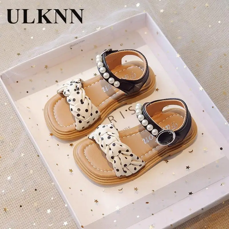 

Girls Sandals 2024 Summer New White Bow Open Toe Beach Shoes Children Pearl Princess Shoes Flats Sandals For Kids