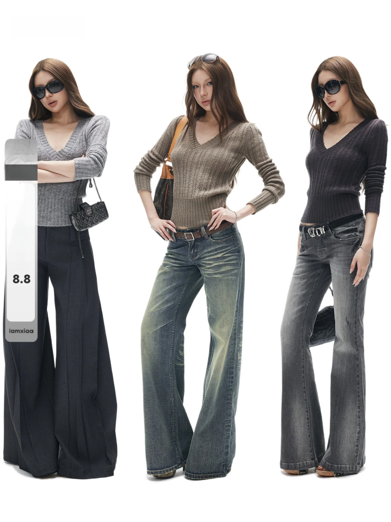 

Iamxiaa Мягкий вязаный топ с V-образным вырезом в стиле ретро 90-х, облегающий, базовый, повседневный, с длинным рукавом, женский модный топ