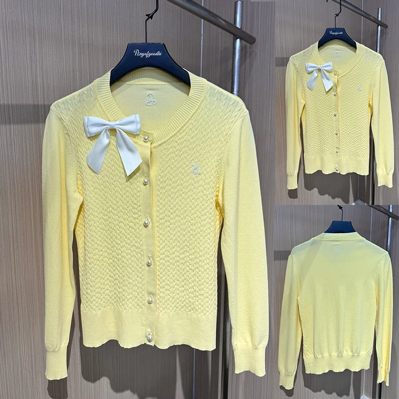 

PL Korean Style Golf Clothing Women's Knitted Jacket Round Neck Bowknot Simple Sweater Ladies High Elastic Slim Golf Cardigan